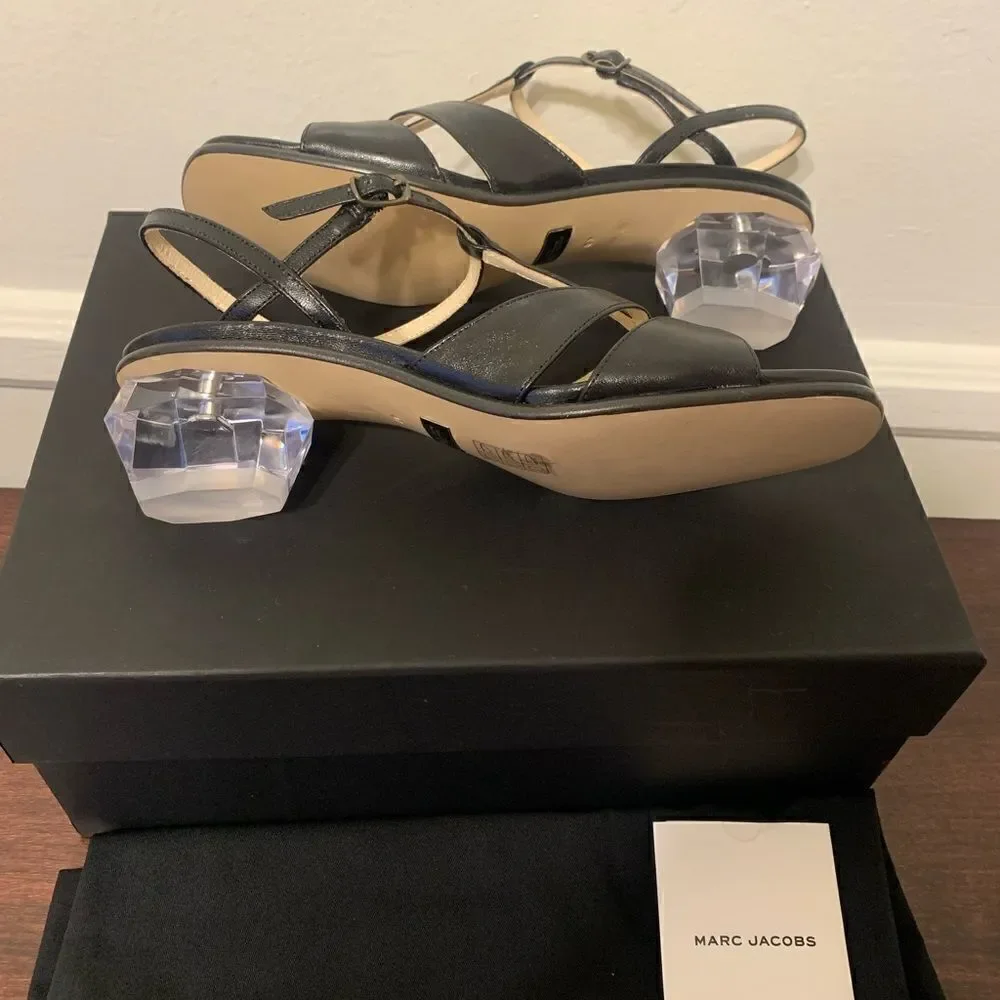 Marc Jacob Women’s heel T- stripe leather black sandal Sz  US6,5-7/ EU 37, NIB